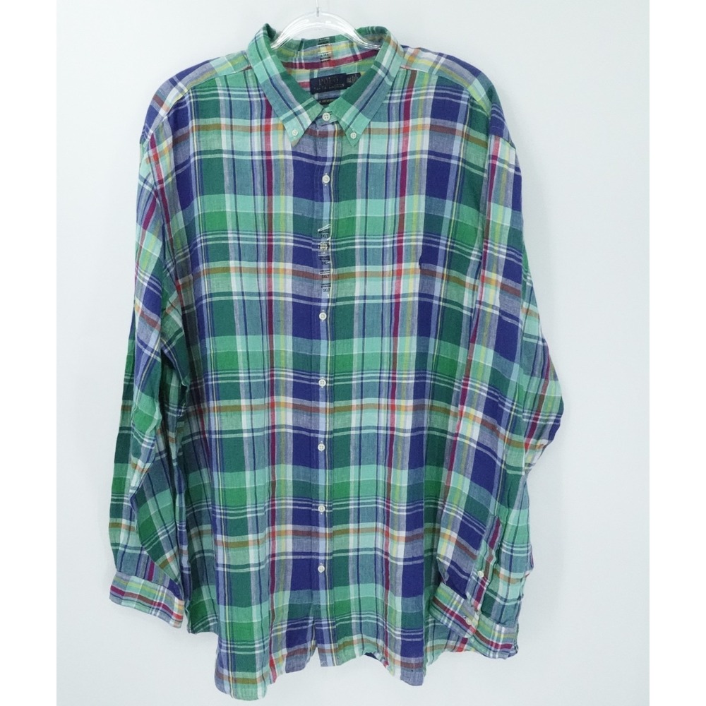 Polo Ralph Lauren Shirt Men 3XLT Madras Palid 100% Linen Pony Embroidered Button